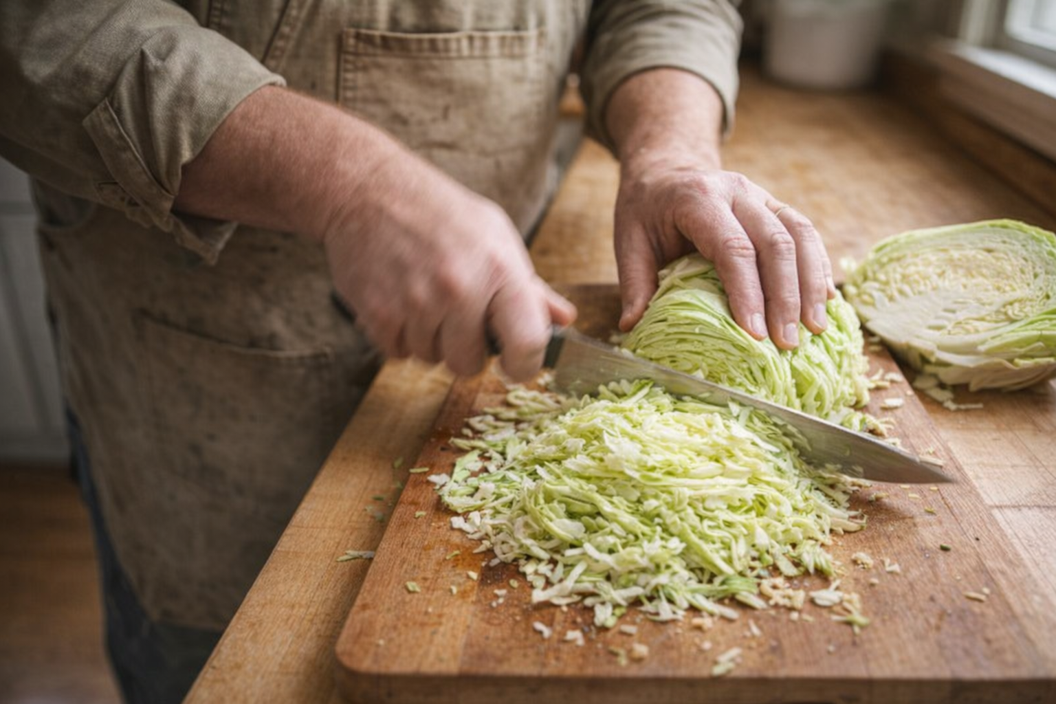A top-down shot of a chef's hands slicing green cabbage on a wooden cutting board, knife blurred in motion, bright kitchen light